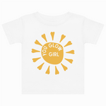 White t-shirt with a yellow sun graphic and 'Glow Girl' text on a white background