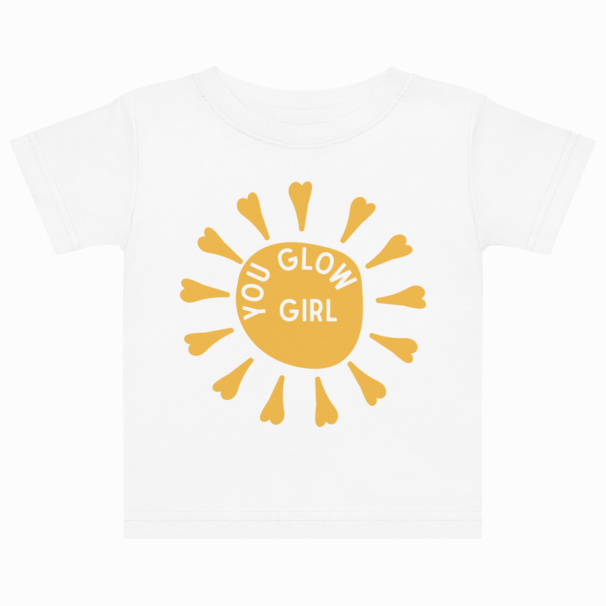 White t-shirt with a yellow sun graphic and 'Glow Girl' text on a white background