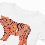 White t-shirt with a colorful tiger design on a white background