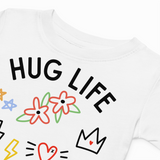 White sweatshirt with 'HUG LIFE' text and colorful graphics on a white background