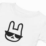 White sweatshirt with a black graphic of a cat wearing sunglasses on a white background