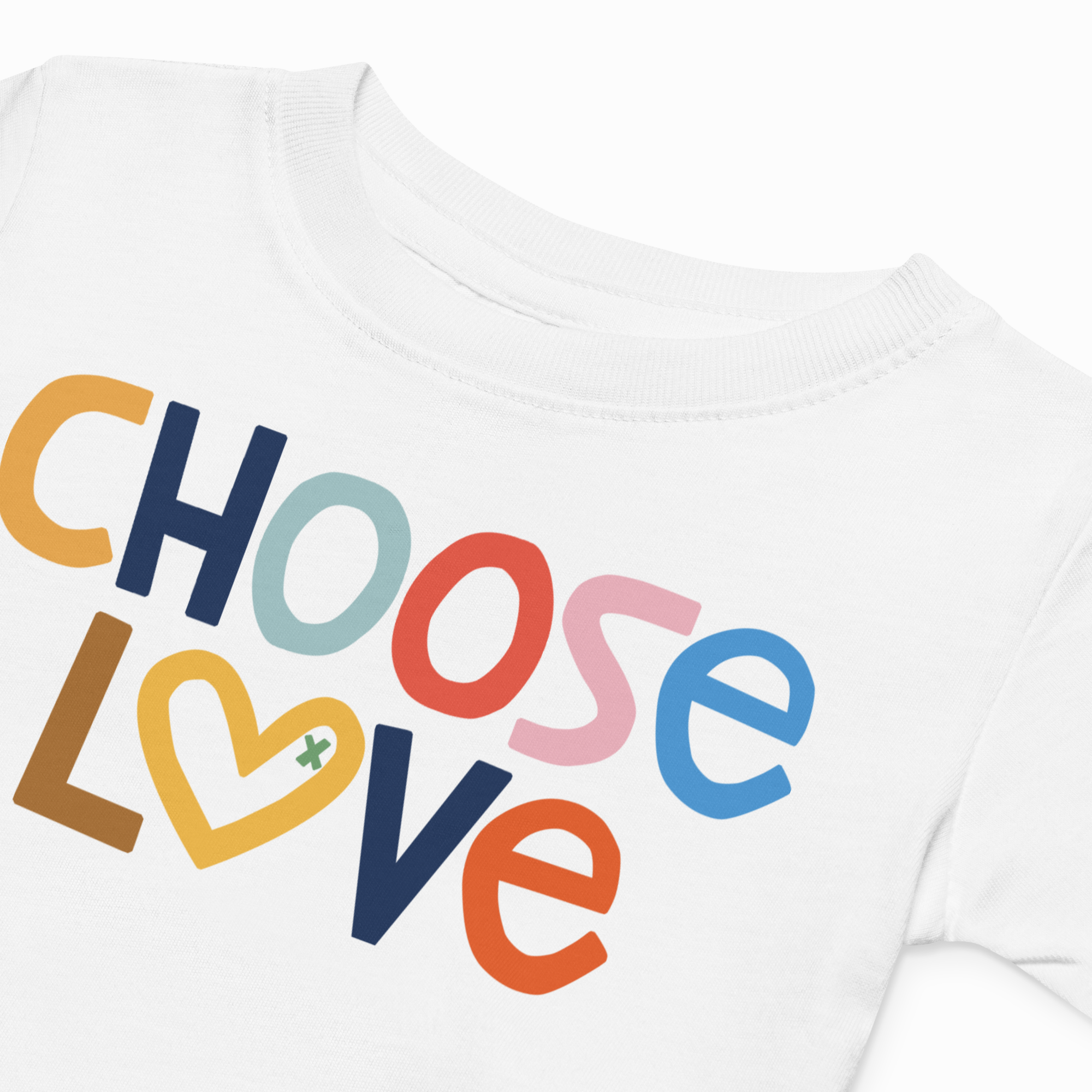 White sweatshirt with 'CHOOSE LOVE' text in colorful letters on a white background