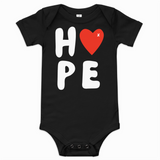 Black baby onesie with 'HOPE' and a red heart on a white background