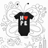 Black baby onesie with 'HOPE' and a heart on a white background with black line art.