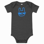 Gray baby onesie with a blue graphic of a cat wearing sunglasses on a white background