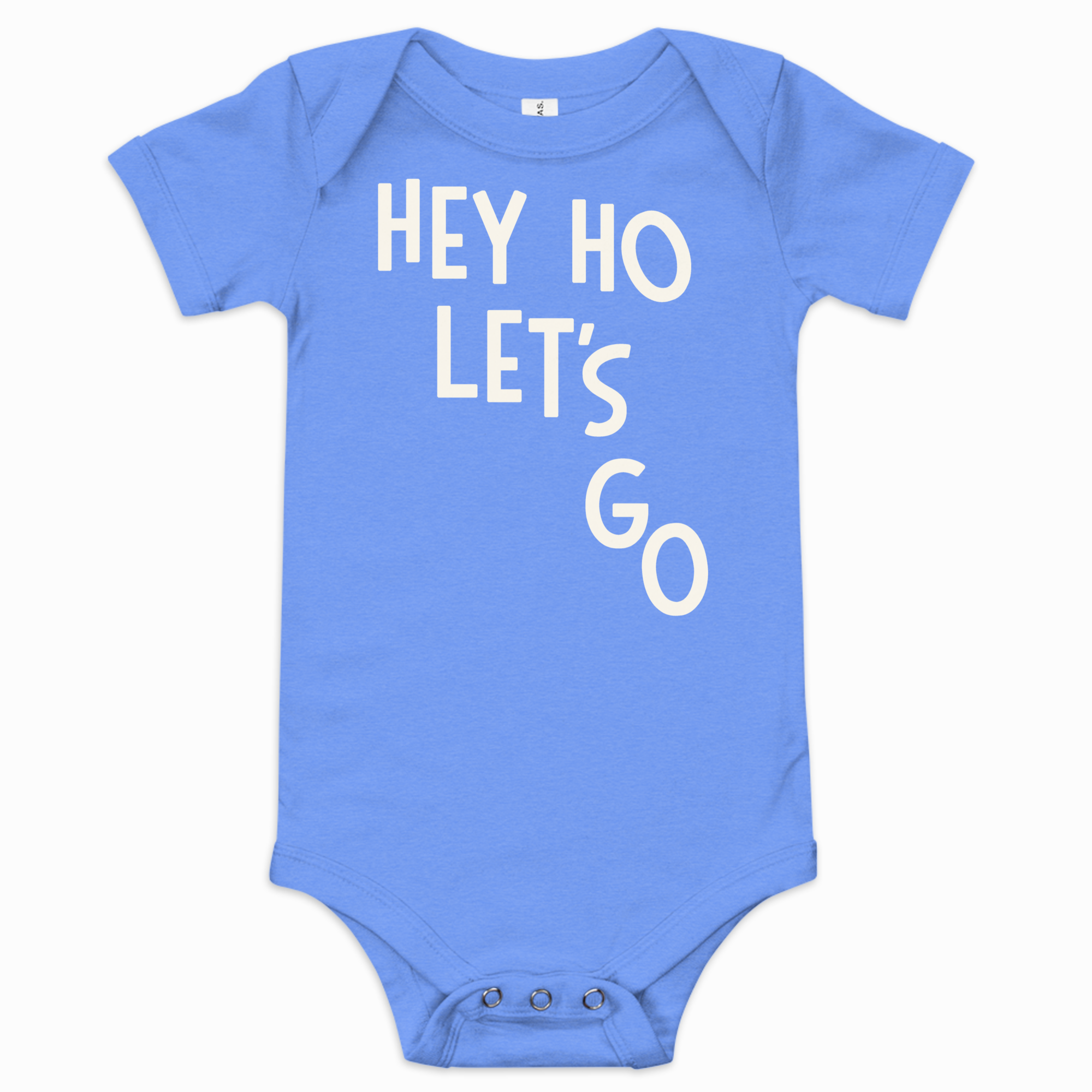 Blue baby onesie with 'HEY HO LET'S GO' text on a white background