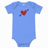 Blue baby onesie with a red heart and arrow design on a white background