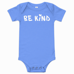 Blue baby short-sleeve one-piece bodysuit with white hand-lettered "Be Kind" graphic and small heart above the "i" on the front.
