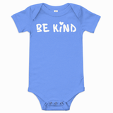 Blue baby short-sleeve one-piece bodysuit with white hand-lettered "Be Kind" graphic and small heart above the "i" on the front.