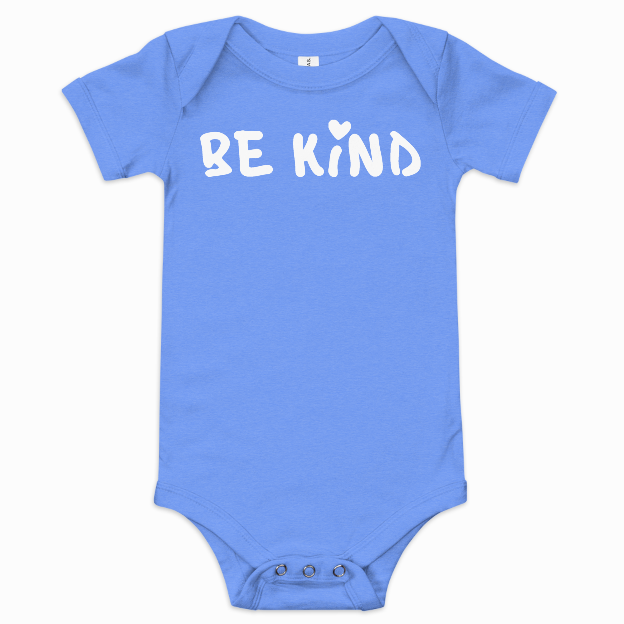 Blue baby short-sleeve one-piece bodysuit with white hand-lettered "Be Kind" graphic and small heart above the "i" on the front.