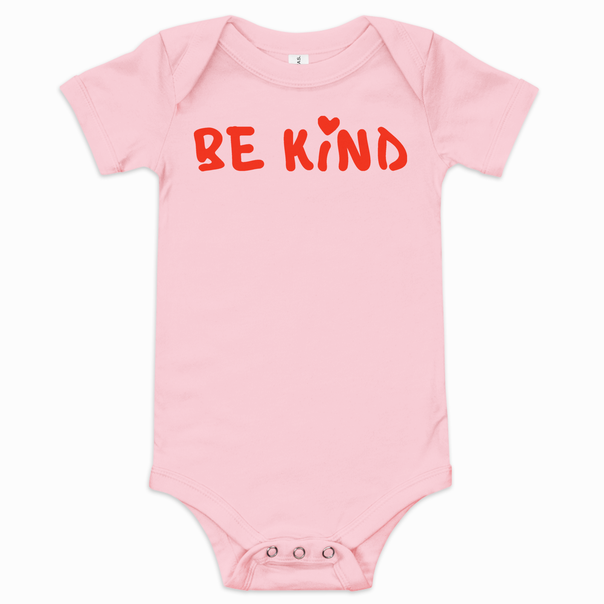 Pink baby short-sleeve one-piece bodysuit with red hand-lettered "Be Kind" graphic and small heart above the "i" on the front.