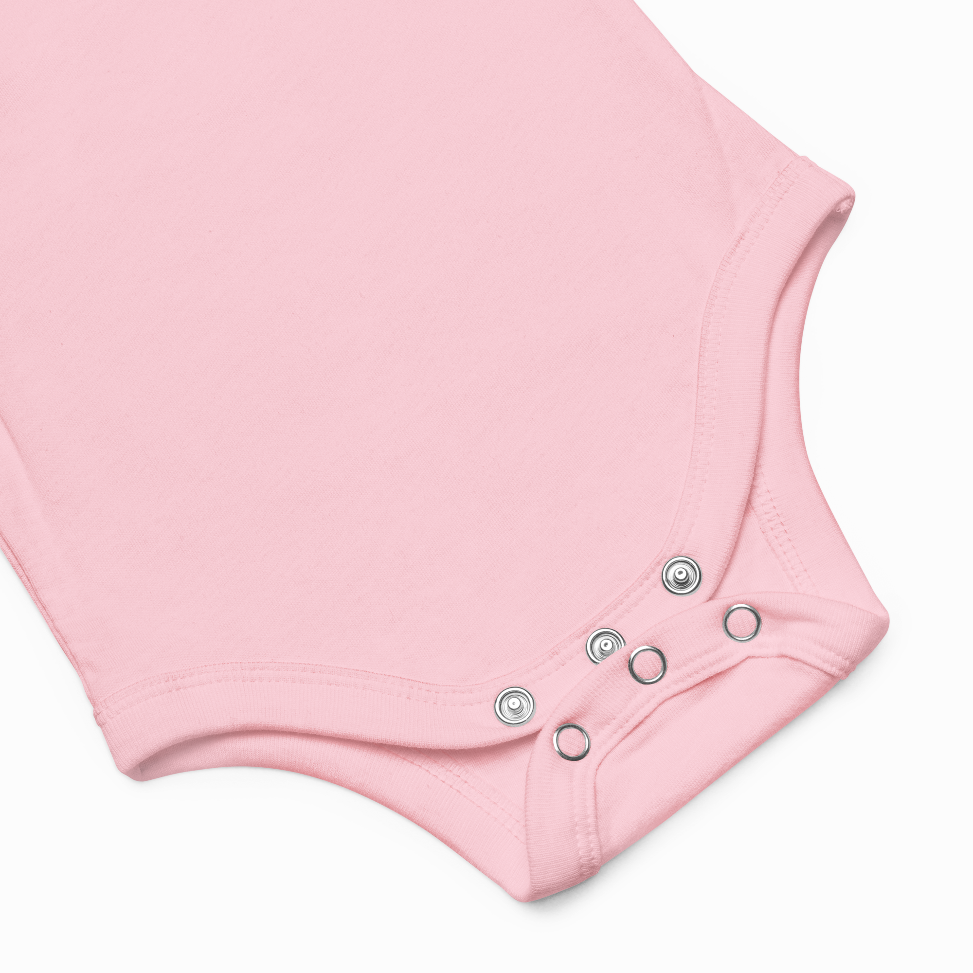 Close-up of a pink baby onesie with button details on a white background