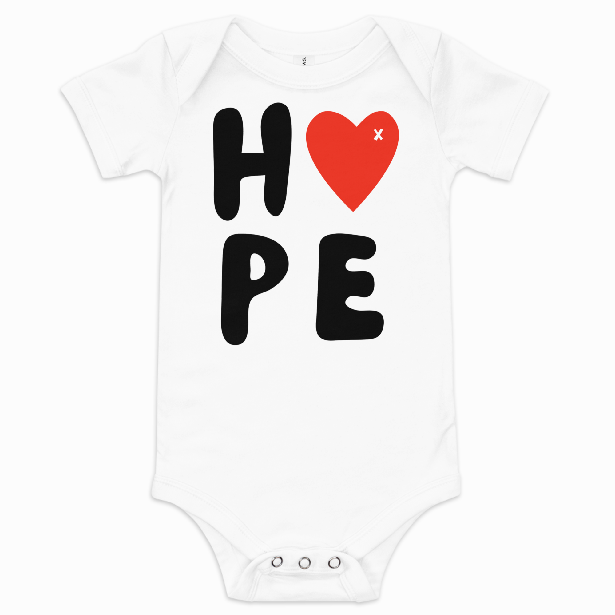 White baby onesie with 'HOPE' and a red heart design on a white background