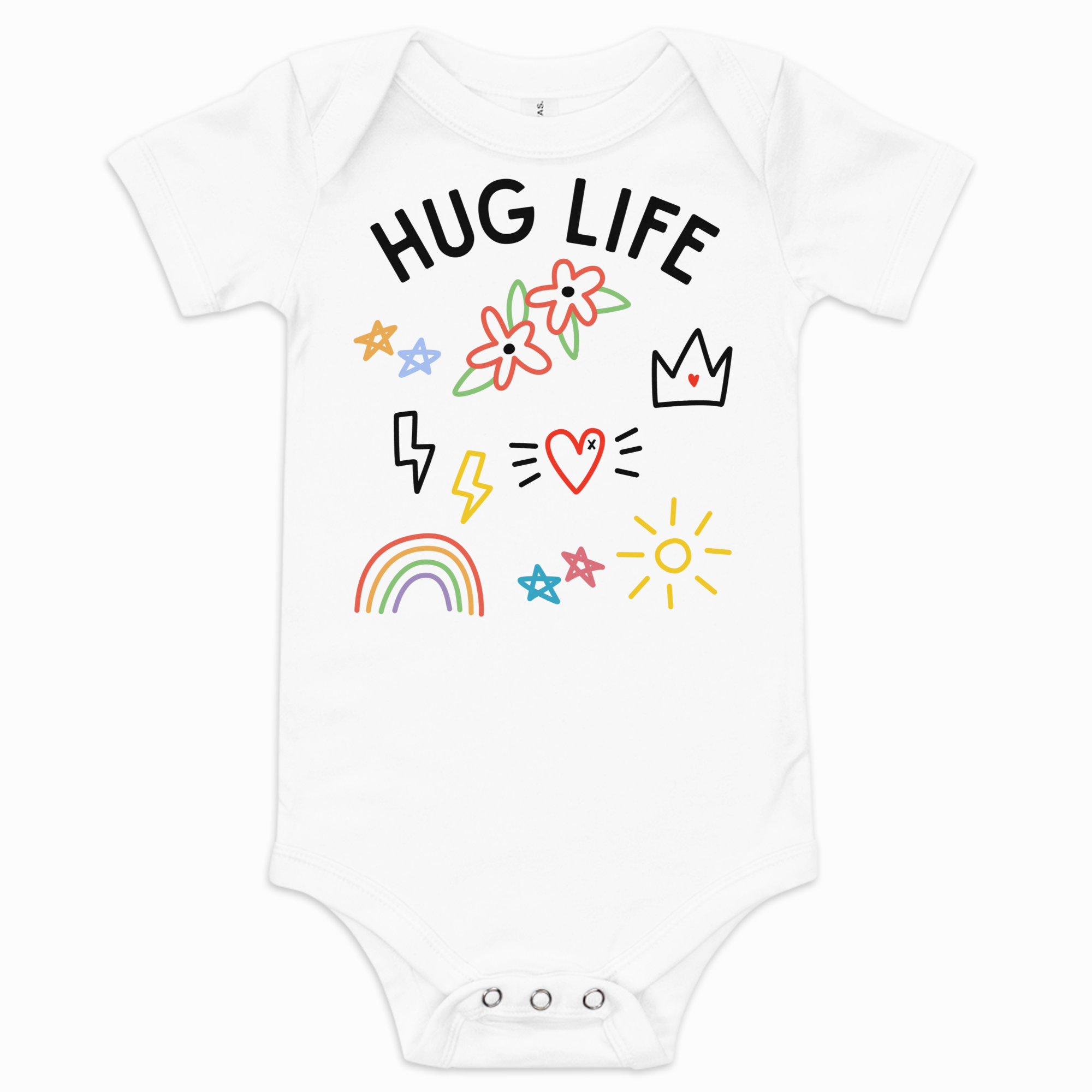 White baby onesie with colorful graphics and 'Hug Life' text on a white background