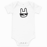 White baby onesie with a black graphic design on a white background