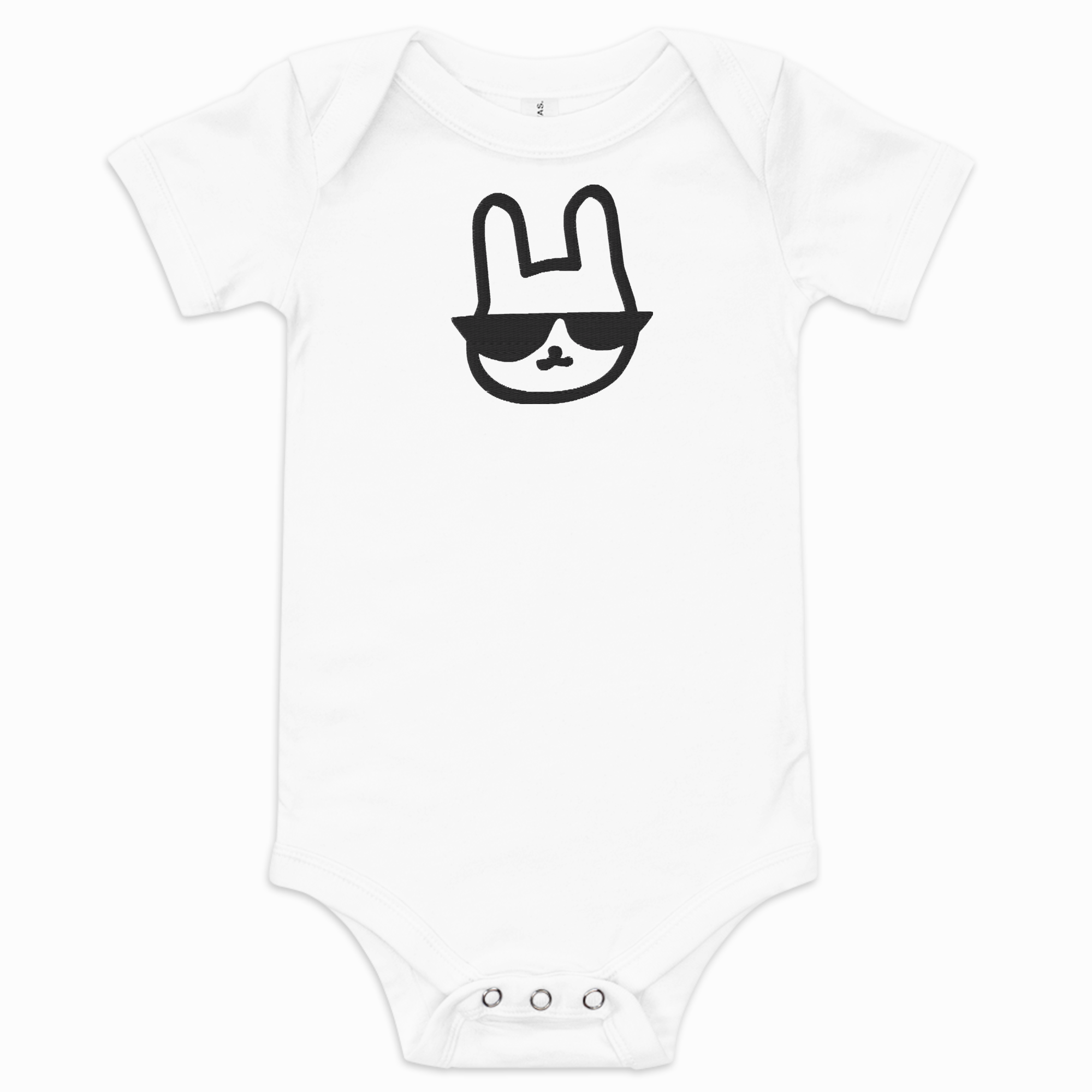 White baby onesie with a black graphic design on a white background