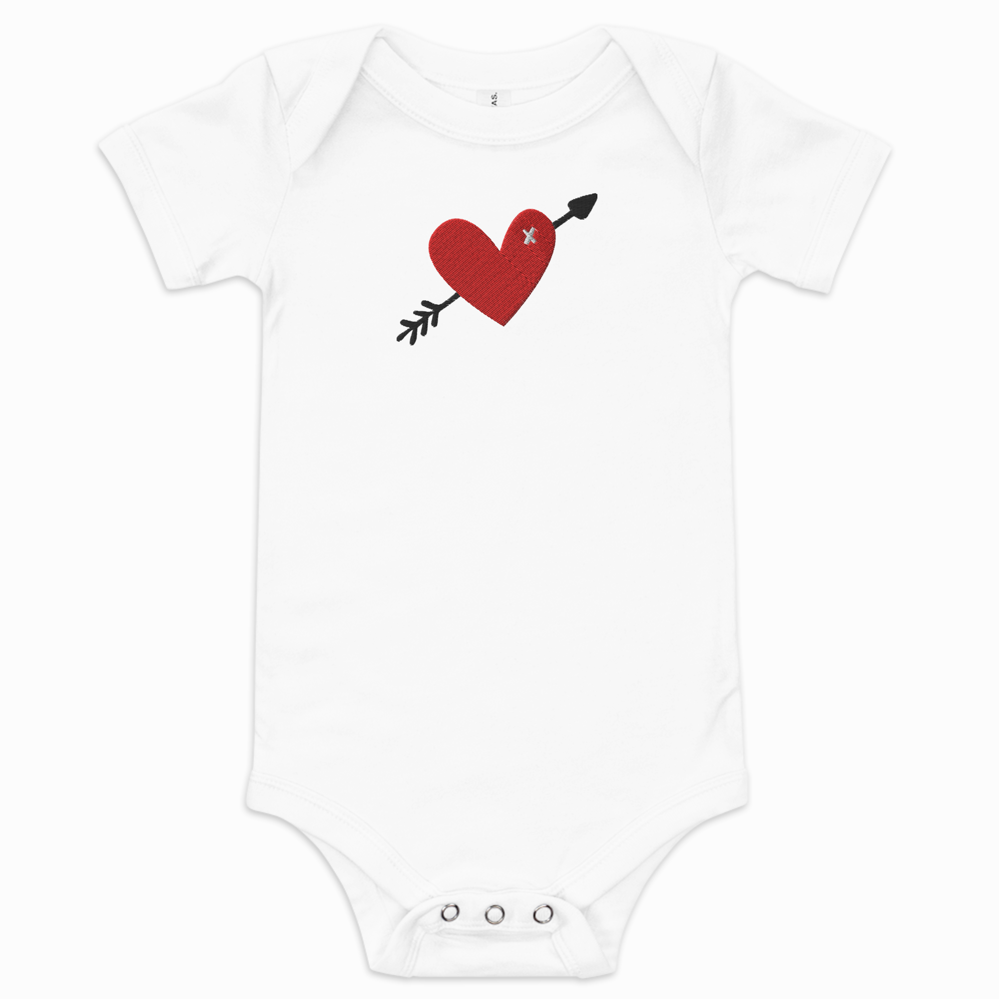 White baby onesie with a red heart and black arrow design on a white background