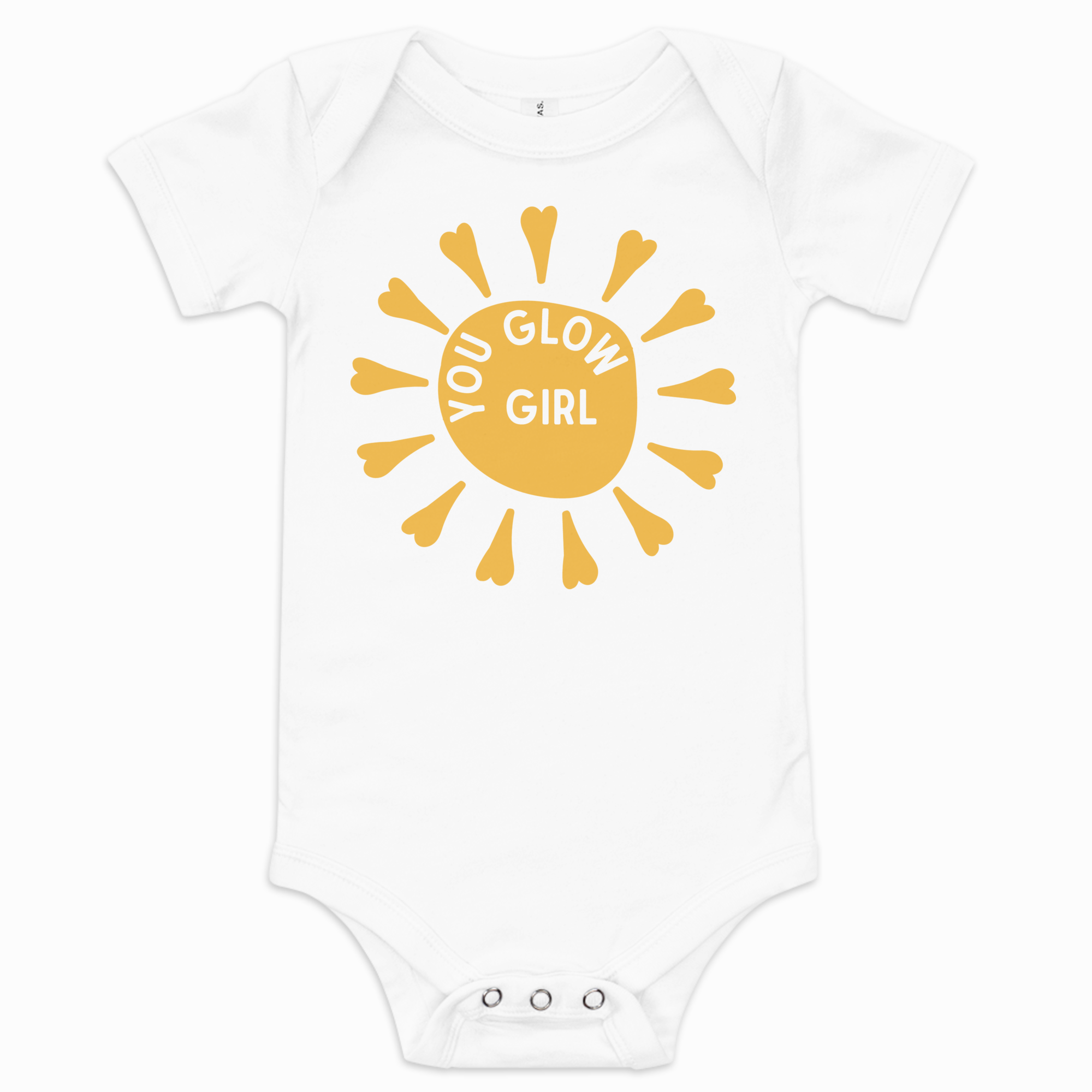White baby onesie with yellow sun design and 'Glow Girl' text on a white background