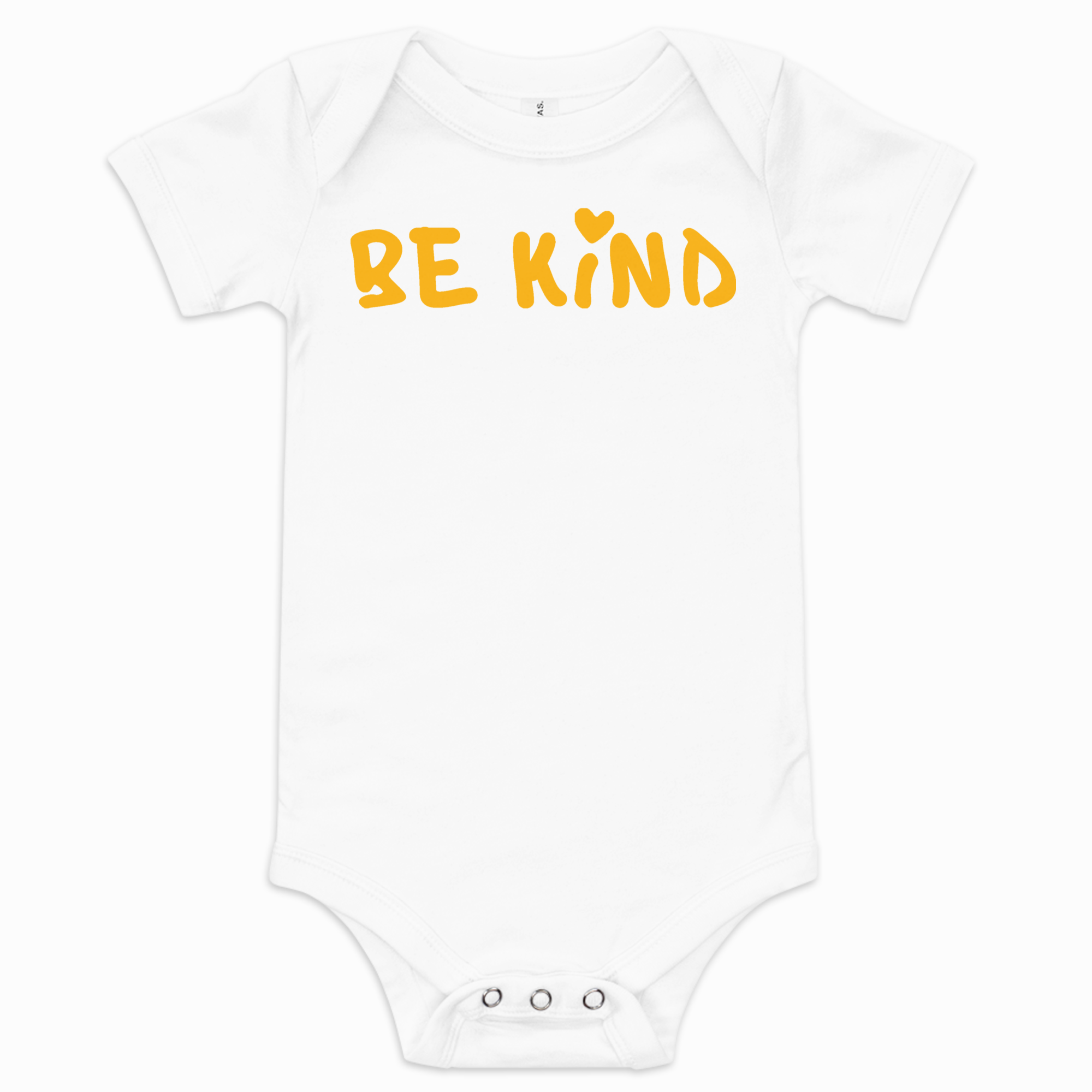 White baby short-sleeve one-piece bodysuit with yellow hand-lettered "Be Kind" graphic and small heart above the "i" on the front.