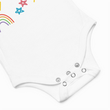 White baby bodysuit with button details on a white background with colorful graphics.