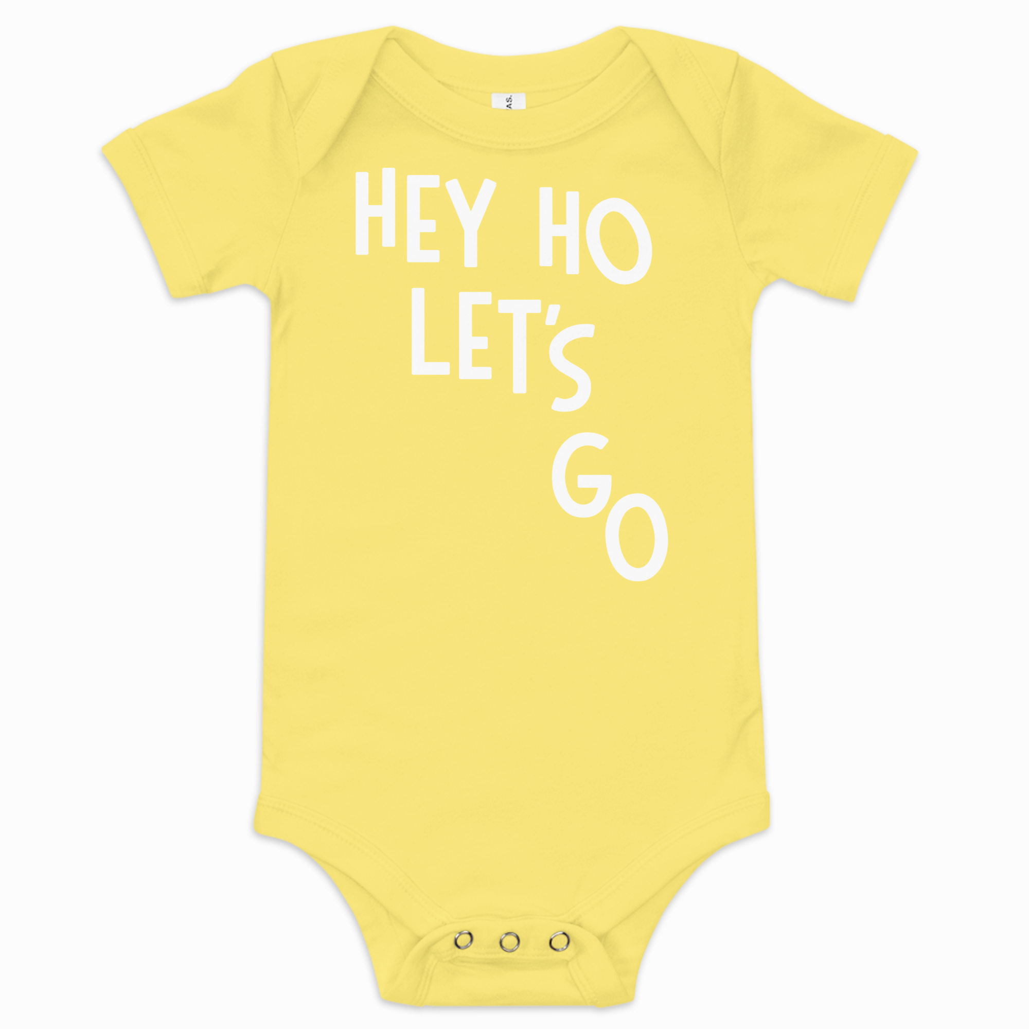Yellow baby onesie with 'HEY HO LET'S GO' text on a white background