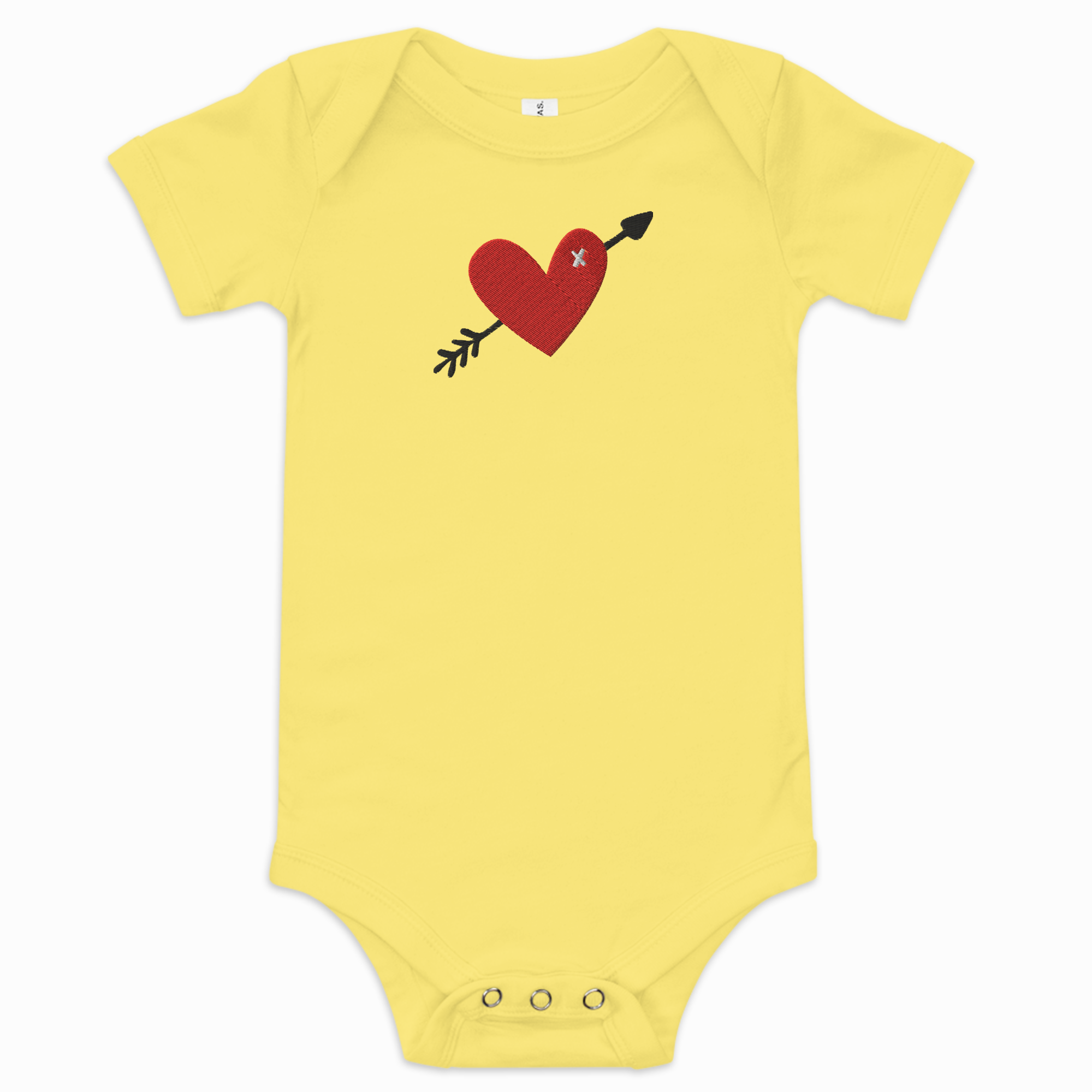 Yellow baby onesie with a red heart and black arrow design on a white background