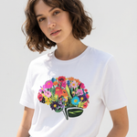 Person wearing a white t-shirt with a colorful floral design on a plain background