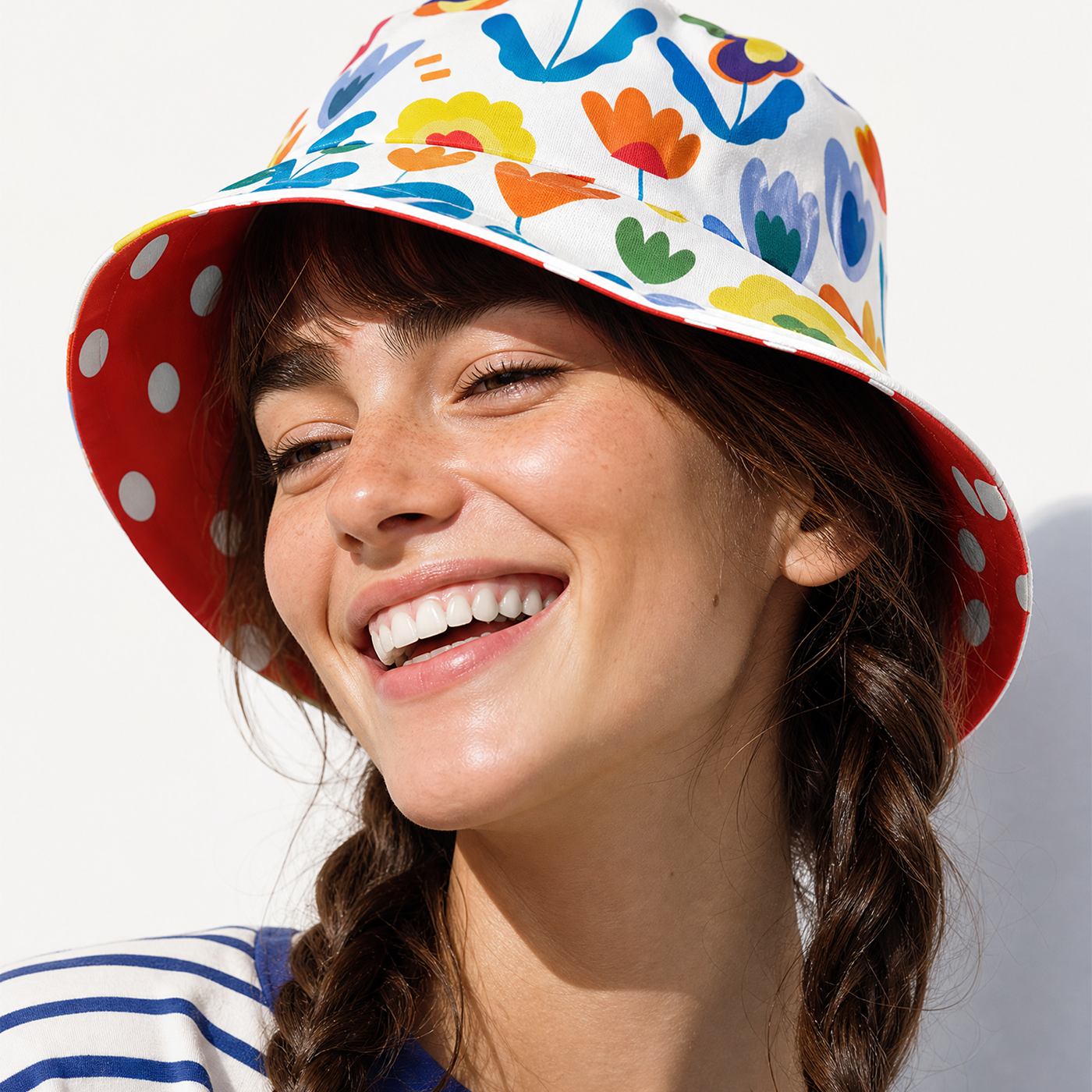Woman wearing a colorful floral bucket hat with red brim on a white background