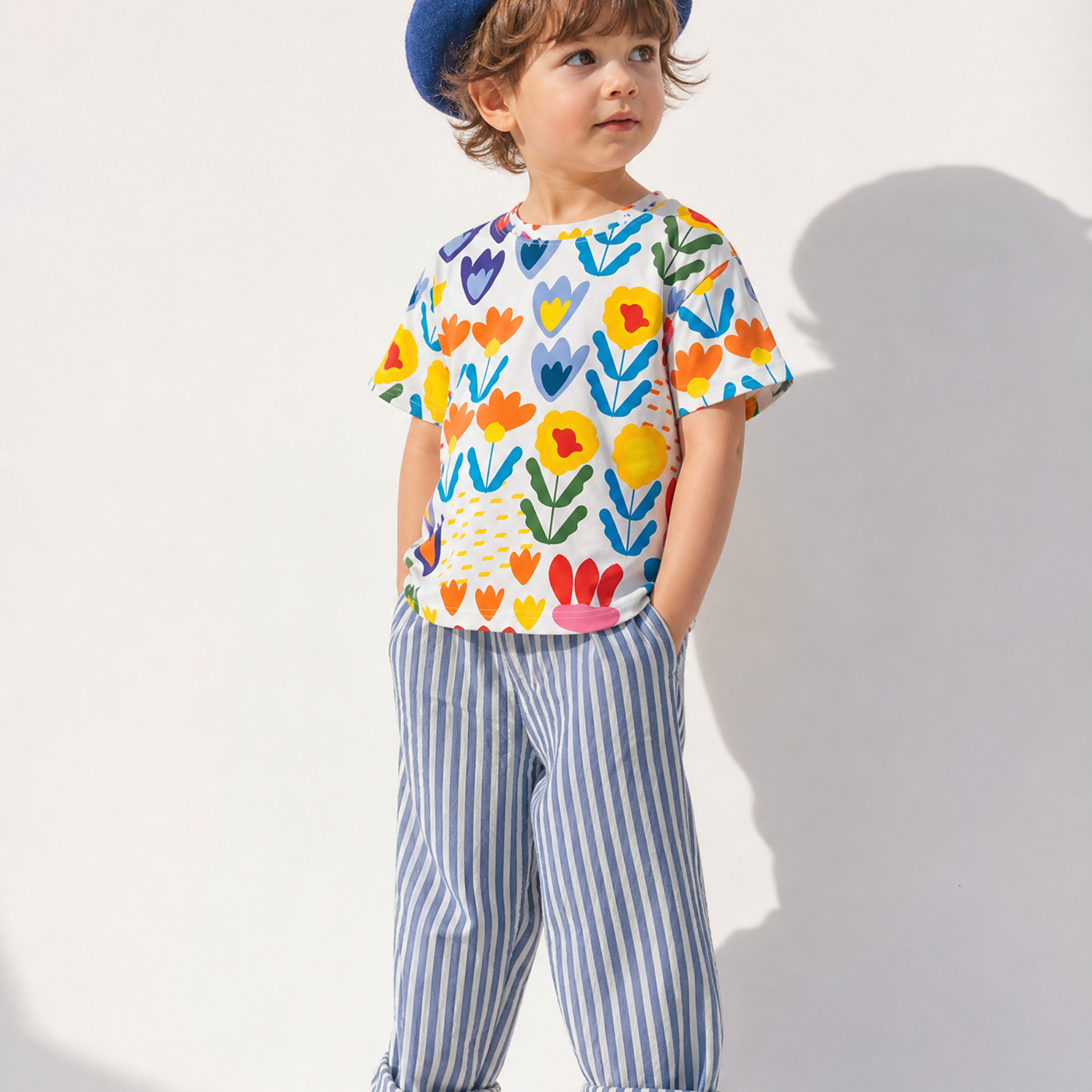 Child wearing a colorful shirt with abstract patterns and striped pants on a white background