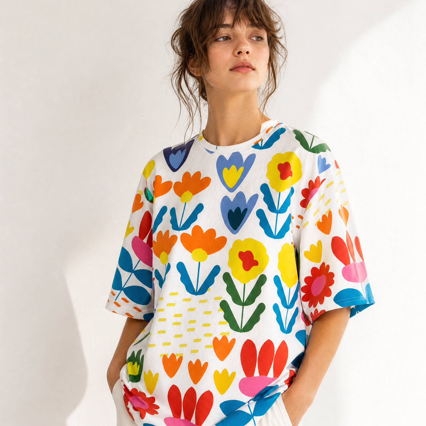 Woman wearing a colorful floral-patterned shirt against a white background