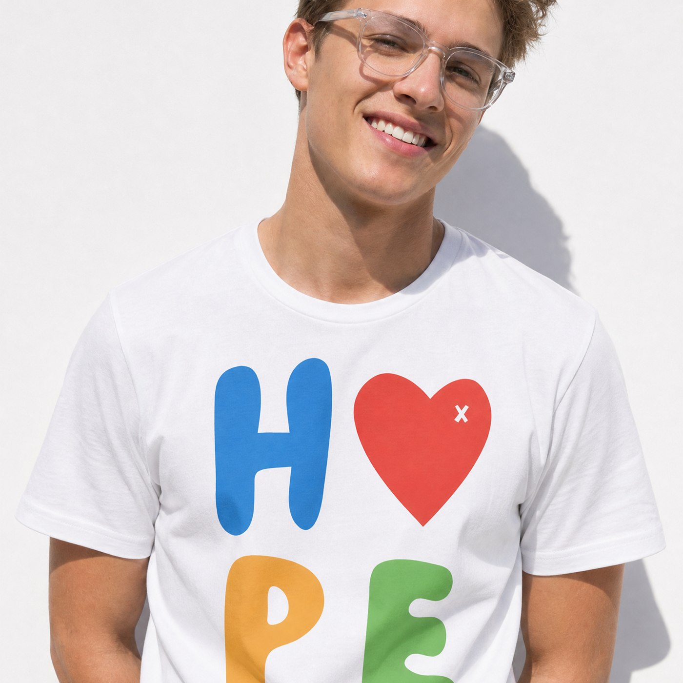 Person wearing a white t-shirt with colorful letters spelling 'HOPE' on a plain background