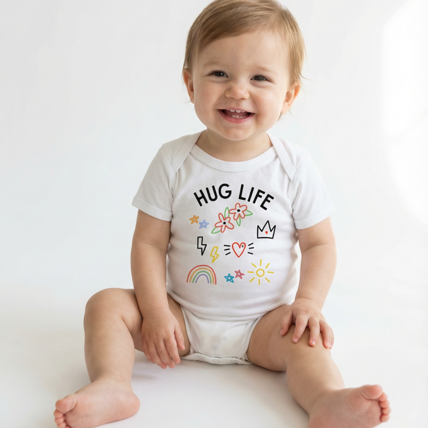 Baby wearing a onesie with 'Hug Life' and colorful graphics on a white background