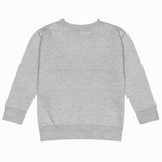 A light gray heather crewneck sweatshirt shown from the back, featuring long sleeves with ribbed cuffs and a ribbed hem, displayed on a clean white background.