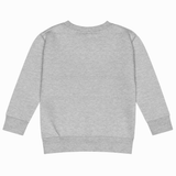 A light gray heather crewneck sweatshirt shown from the back, featuring long sleeves with ribbed cuffs and a ribbed hem, displayed on a clean white background.