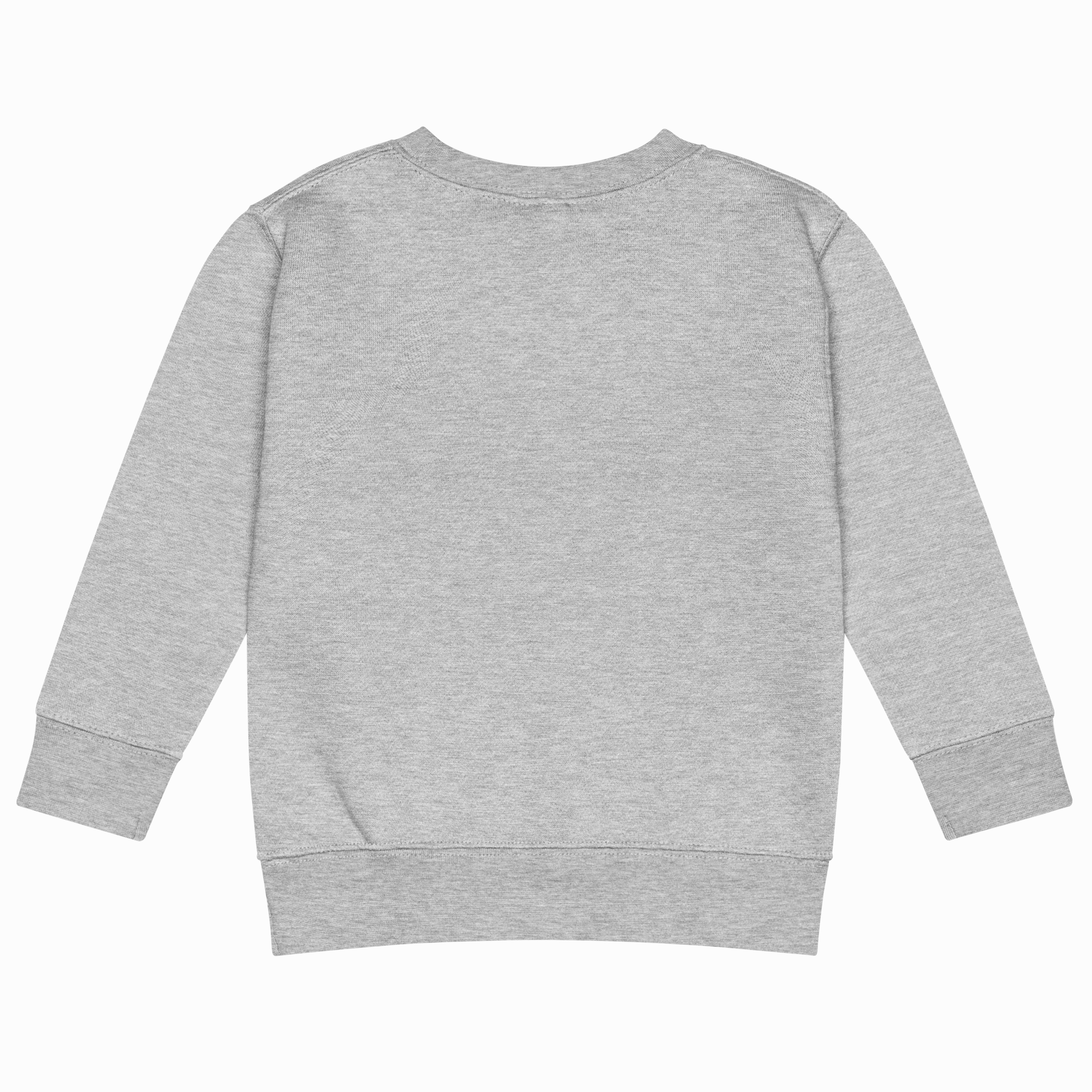 A light gray heather crewneck sweatshirt shown from the back, featuring long sleeves with ribbed cuffs and a ribbed hem, displayed on a clean white background.