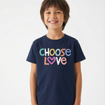 Child wearing a navy blue t-shirt with 'CHOOSE LOVE' text in colorful letters on a white background