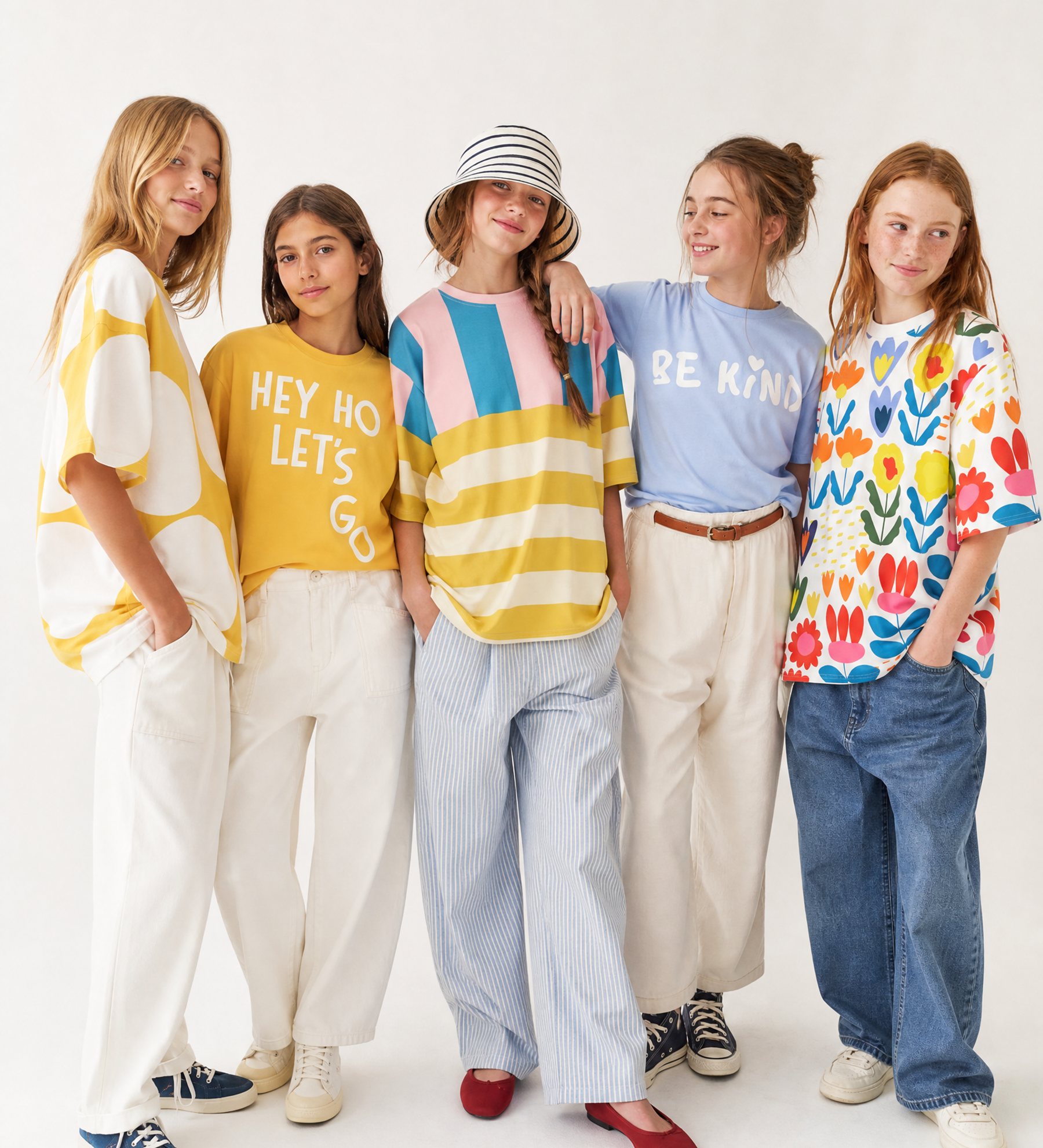 Five young women posing together wearing colorful and casual clothing on a white background
