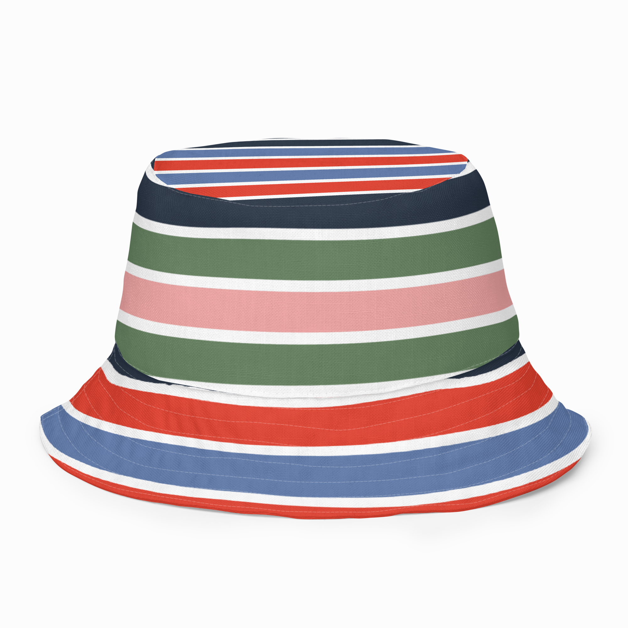 Multicolored striped bucket hat on a white background