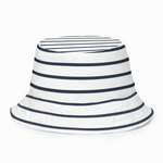 White bucket hat with navy stripes on a white background