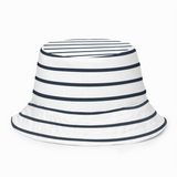 White bucket hat with navy stripes on a white background