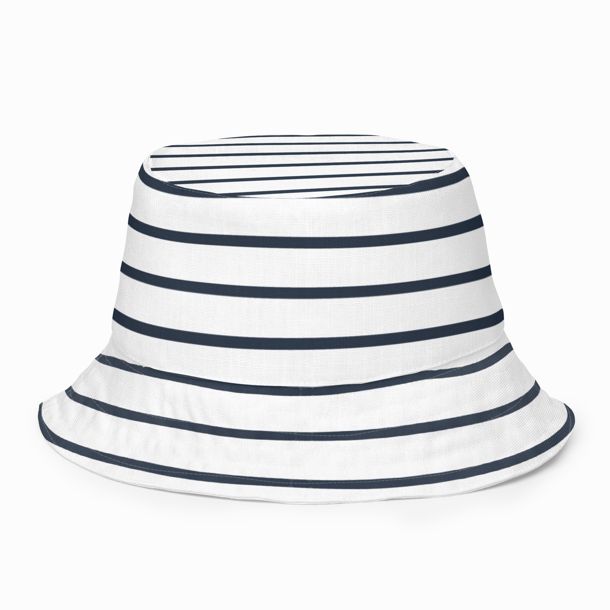 White bucket hat with navy stripes on a white background