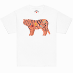 White t-shirt with a colorful tiger design on a white background