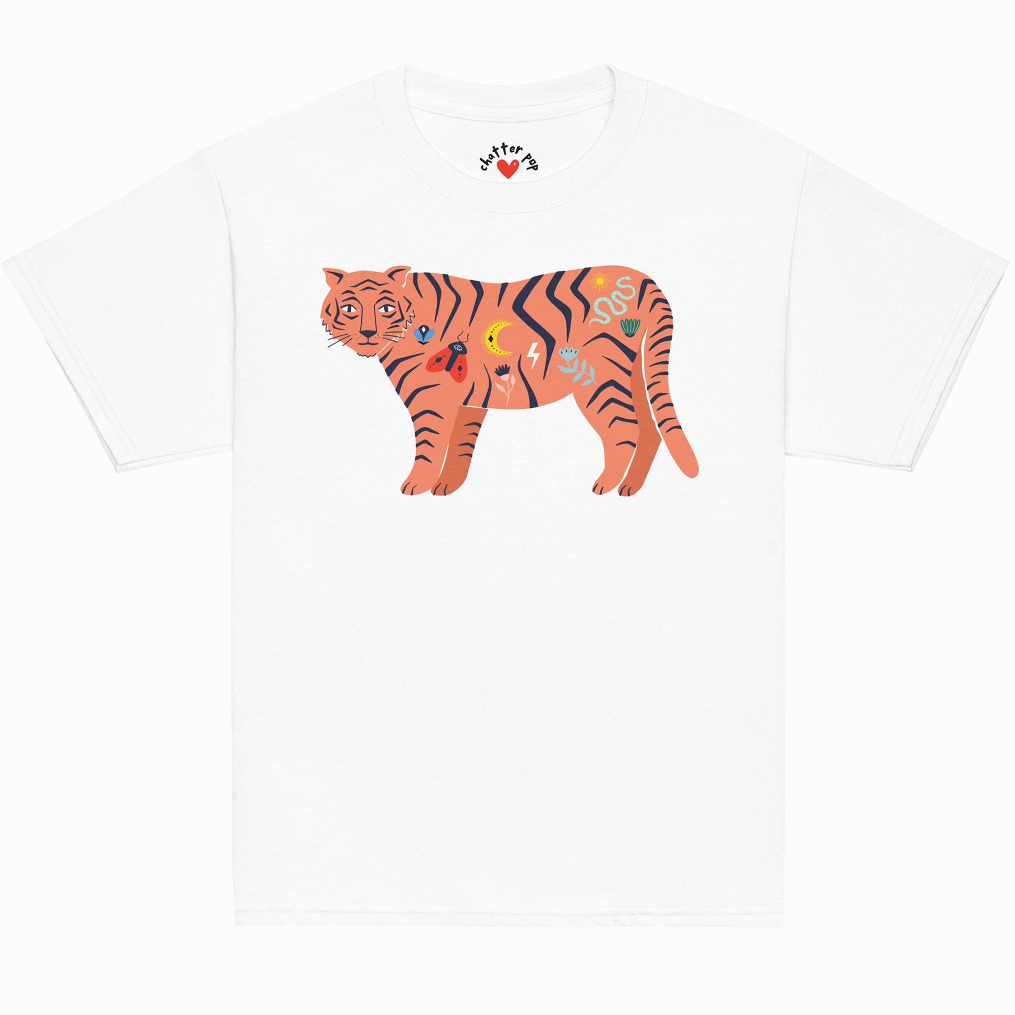 White t-shirt with a colorful tiger design on a white background