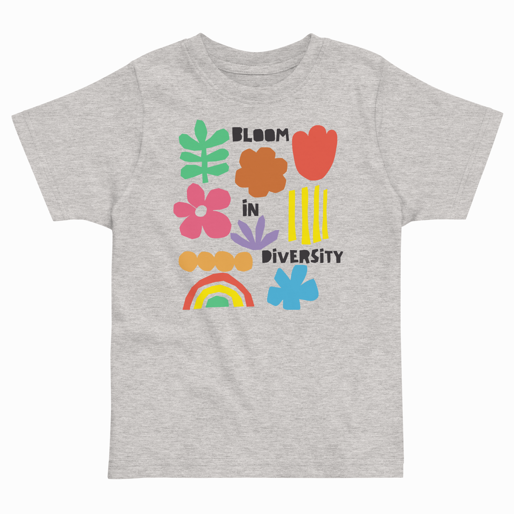 Heather gray toddler T-shirt with colorful "Bloom in Diversity" graphic featuring flowers, leaves, a rainbow, and abstract shapes.