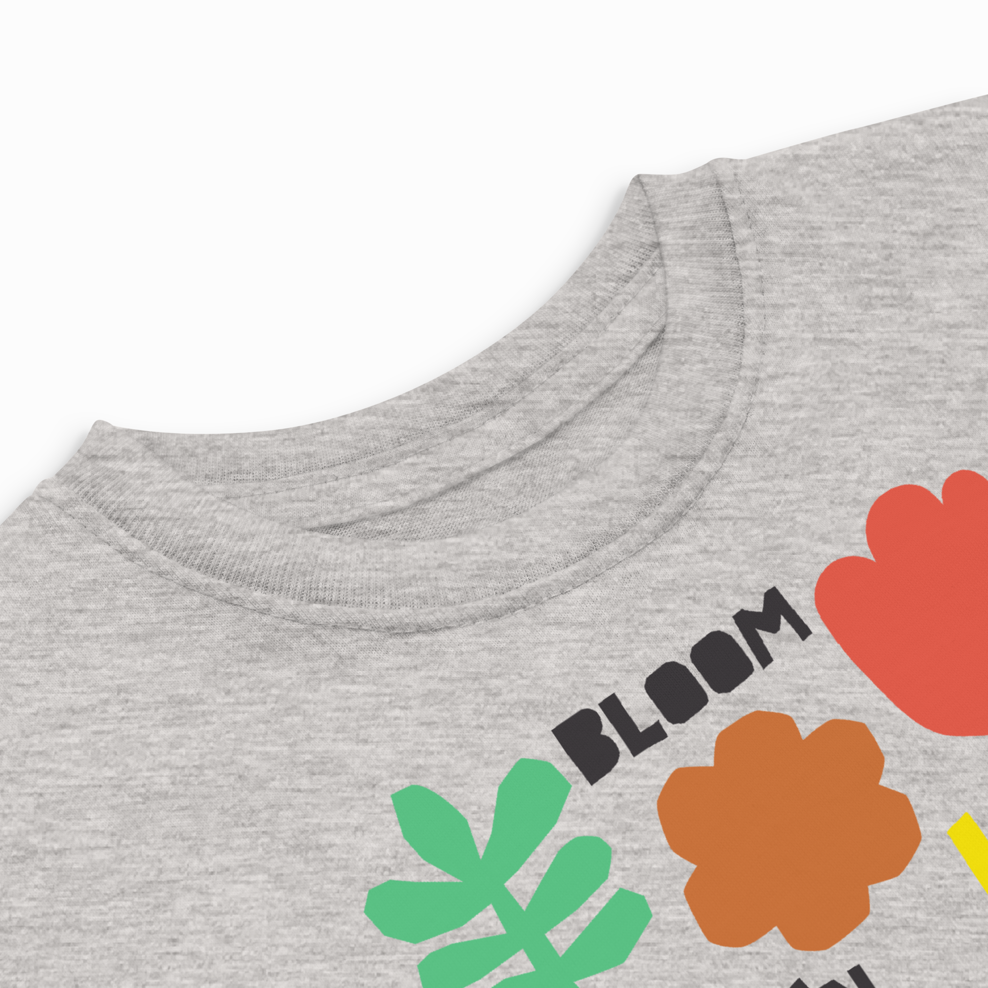 Close-up detail of a heather gray toddler T-shirt showing the ribbed neckline and colorful "Bloom" floral graphic with a red tulip, orange flower, and green leaf.