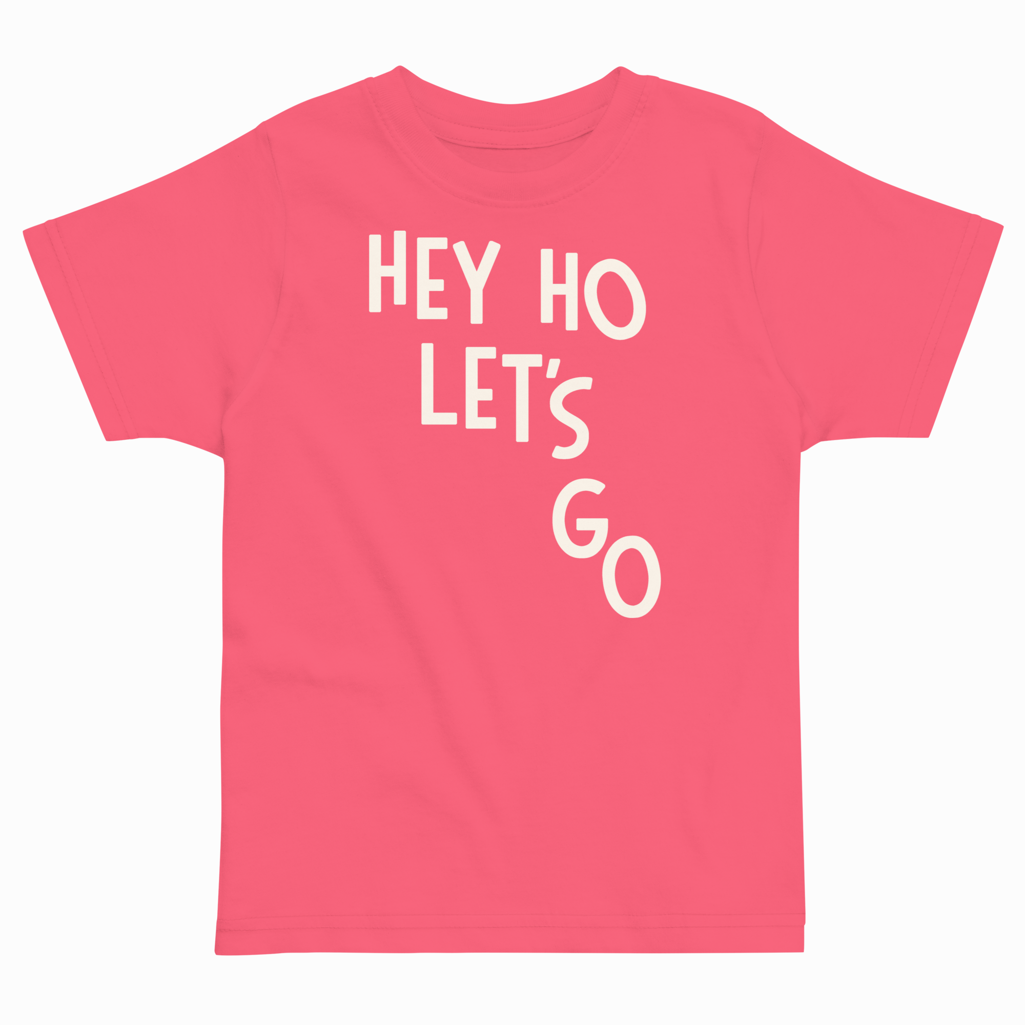 Pink t-shirt with 'HEY HO LET'S GO' text on a white background