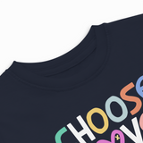 Navy blue t-shirt with colorful text design on a white background