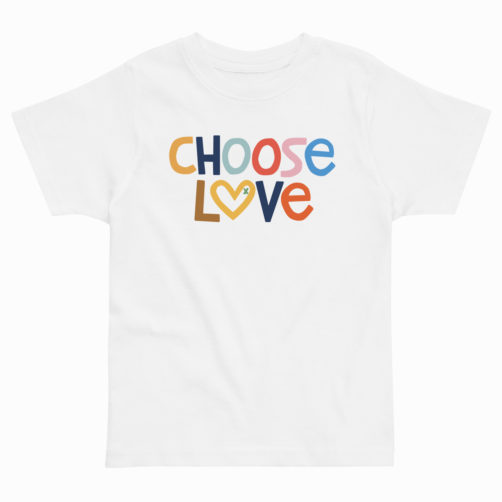 White t-shirt with 'CHOOSE LOVE' text in colorful letters on a white background