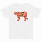 White t-shirt with a colorful tiger design on a white background