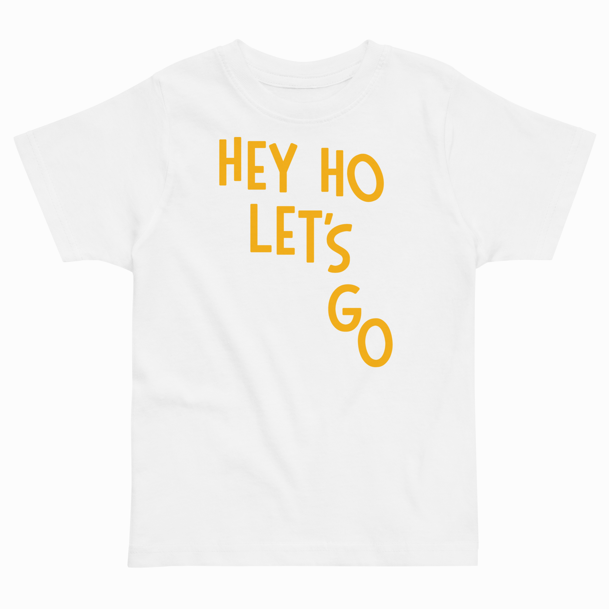 White t-shirt with yellow text 'HEY HO LET'S GO' on a white background